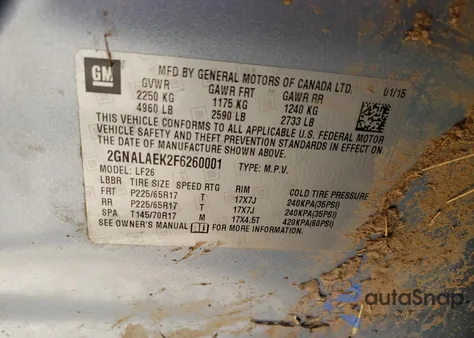 2015 Chevrolet Equinox Ls из США, поврежденный, VIN 2GNALAEK2F6260001